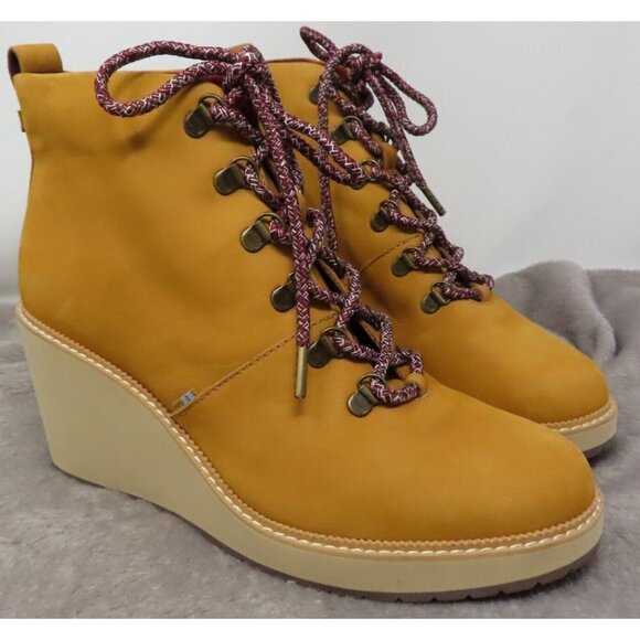 TOMS Melrose Leather Ankle Boots 11 Camel Platform Wedge Lace-Up Water Resistant - Picture 1 of 12